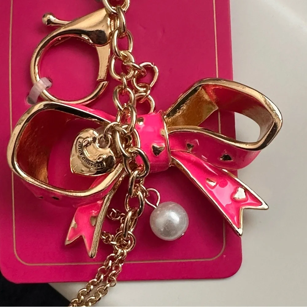 Juicy Couture Gold and Pink Bow Keychain with Pearl Accents